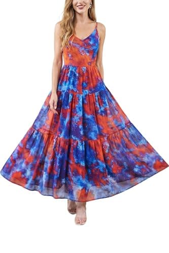 Lesuxa Women's Summer Maxi Dress Abstract Watercolor Floral Spaghetti Strap V Neck Boho Beach Flowy Vacation Sundress Casual Party A-Line Long Dress Blue Orange Small - Image 1