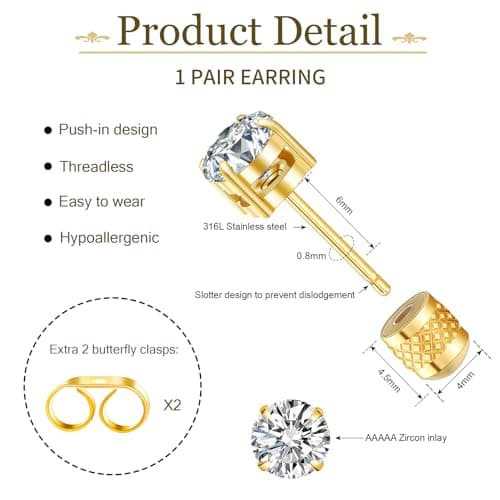 Hypoallergenic Threadless Flat Back Earrings,1 Pairs Cartilage Stud for Women Men Titanium Post 20G None Screw Easy Push in Gold Black Silver Stainless Steel Flatback with CZ 3-8mm (Gold Stud, 4mm) - Thumbnail 5