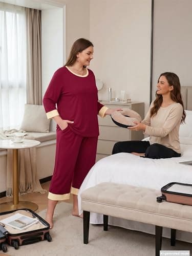 AusLook Women’s Plus Size Pajama Sets Burgundy 4X Soft 3/4 Sleeve Nightwear Top and Capri Pants Lounge Set with Pockets - Thumbnail 3