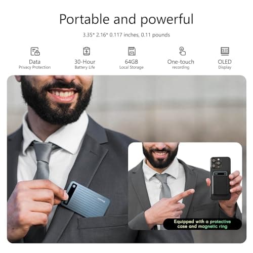 E EAZEYAI AI Voice Recorder, Transcribe & Summarize with AI Technology, Note Voice Recorder with App Control, Support 140 Languages, 64GB Memory, Audio Recorder for Lectures, Meetings, Calls(Blue) - Thumbnail 5