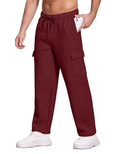 Deyeek Mens Jogger Sweatpants Open Bottom Cargo Sweatpants for Men Loose Fleece Lined Sweat Pants Thick Cotton Maroon Sweats - Thumbnail 3