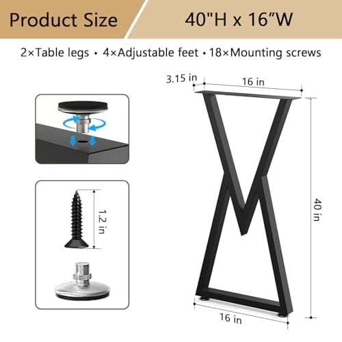 SNYXXOZ 40”H x 16”W Inch Coffee Table Legs Heavy Duty Metal Desk Legs,Chair,Bench Dining Furniture Feets, Bar Height Table Legs,with Adjustable Feet Pads Screws,800 LBS, Black, Set of 2, V-Type - Thumbnail 3