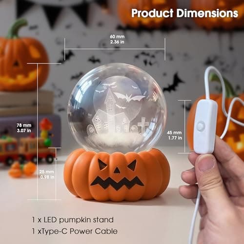 L LOHAS LED 3D Crystal Ball Night Light-Laser Engraved Haunted House Bat with Pumpkin Base,Cute & Funny Halloween Night Light for Kids, 3000K Warm White for Halloween Party Decor - Thumbnail 4