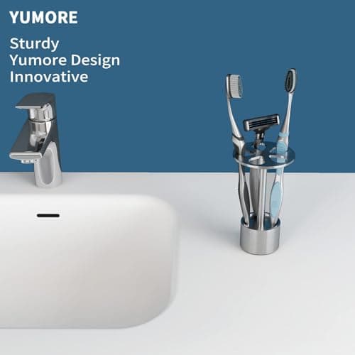 YUMORE Toothbrush Holder Stand Stainless Steel Tooth Brush Holder Bathroom Countertop Organizer Storage (Brushed Nickel) - Thumbnail 2
