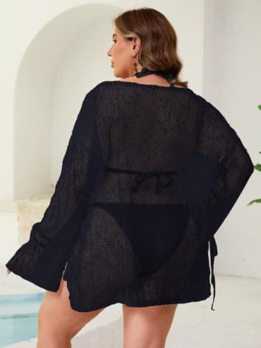 MK Shop Limited Plus Size Swimsuit Coverup for Women Sexy Crochet Bathing Suit Cover Up Mesh Sheer Summer Curvy Kaftan Beach Dress 2026 Navy Blue 4XL - Thumbnail 4
