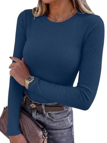 ANRABESS Ribbed Slim Fit Long Sleeve Shirts for Women Navy Blue L