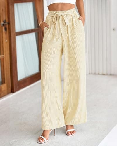 BTFBM Pants for Women 2026 Spring Clothes Striped High Waist Tie Knot Dressy Casual Wide Leg Palazzo Work Trousers Pants(Apricot, Small) - Thumbnail 4