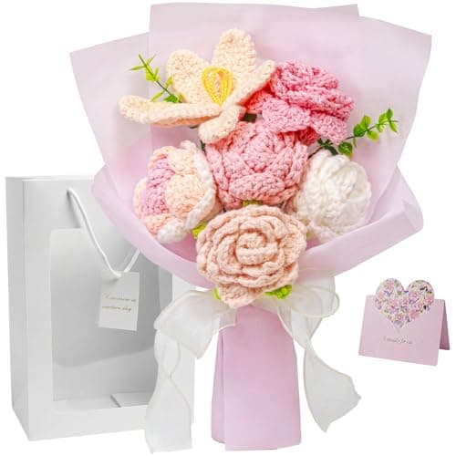 Crochet Flower Bouquet, Pink Handmade Knitted Flowers Bouquet with Lily and Roses, Crochet Flowers Gift for Mom Women Wife Girlfriend, Long Lasting Mothers Day Birthday Anniversary Flowers with Card