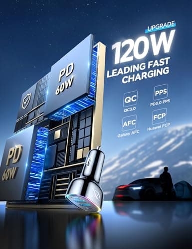 120W for iPhone 17 Pro Max Car Charger, Dual PD 60W & QC 3.0 Cigarette Lighter USB Charger with 60W Type C Cable, Car Charger USB C, Car Accessories for iPhone 17/16 Pro/Air, Galaxy S25, iPad, MacBook - Thumbnail 5