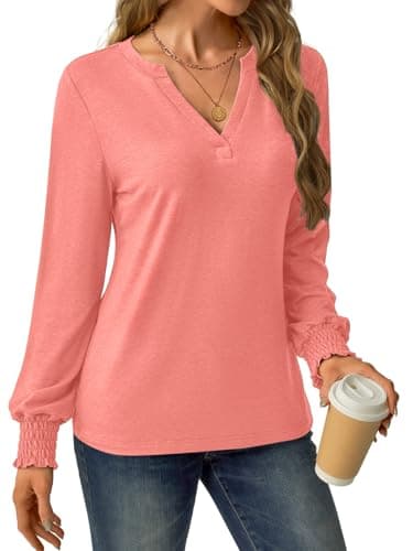 GKBK Womens Long Sleeve Shirts Fall Tops V Neck Business Dressy Casual Blouses with Smocked Cuffs Coral - Thumbnail 2