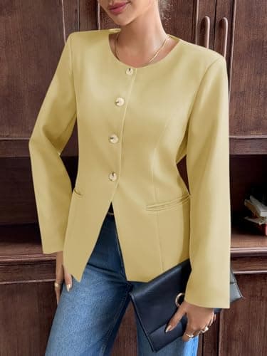 Cicy Bell Womens Business Casual Fitted Blazers Collarless Split Hem Work Office Button Down Suit Jackets Yellow - Thumbnail 3