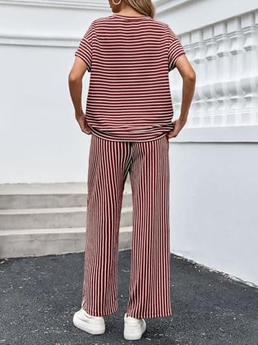 Tankaneo Womens Striped 2 Piece Sets Short Sleeve T Shirts Wide Leg Pants Matching Lounge Set with Pockets - Thumbnail 5