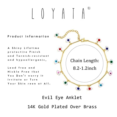 LOYATA Dainty Anklet for Women 14K Gold Plated Colorful Evil Eye Anklet Foot Chain Cute Lucky Evil Eye Foot Jewelry Boho Anklets for Women - Thumbnail 6