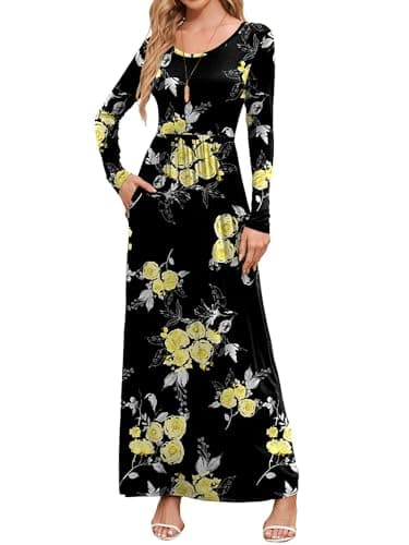 DEARCASE Maxi Dress for Women Floral Black Yellow Flower Branch XX-Large Round Neck Boho Long Sleeves A-line Casual Hawaiian Empire Waist Flowy Party Vintage Spring Fall Winter Dresses with Pocket - Image 1