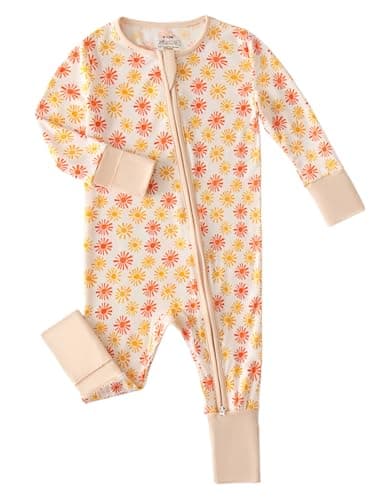 Joonberry Unisex Baby Bamboo Viscose Long Sleeve Romper, Cute Prints Zipper Footless Jumpsuit, Toddler One-Piece Outfits (Orange Flowers, 12-18M) - Image 1
