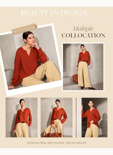 Dokotoo Women's Trendy Fashion Tops V Neck Flowy Button Down Brown Shirts Puff Long Sleeve Business Casual Textured Solid Blouses Spring Outfits XX-Large - Thumbnail 4