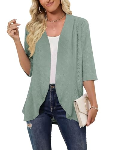 Askyes Women's Casual Cardigan Eyelet Embroidery Open Front Spring Loose Lightweight Beach Cardigan 3/4 Sleeve,Grayish Green,XL - Thumbnail 2