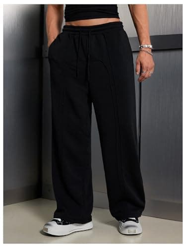 VIPWOLF Men's Stacked Baggy Sweatpants Drawstring Waist Straight Leg Track Pants Streetwear Black X-Large - Thumbnail 3