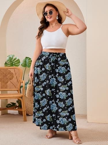 AusLook Plus Size Maxi Skirt for Women High Waisted Elastic Waist Flowy A Line Long Black Blue Lily Bouquet 4X Skirt with Pockets Casual Summer Beach Vacation - Thumbnail 5