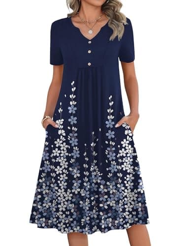 Zeagoo Sundresses for Women 2026 Midi Short Sleeve Summer Dress Casual Aline Floral Boho Dresses with Pockets V-Neck Sundress