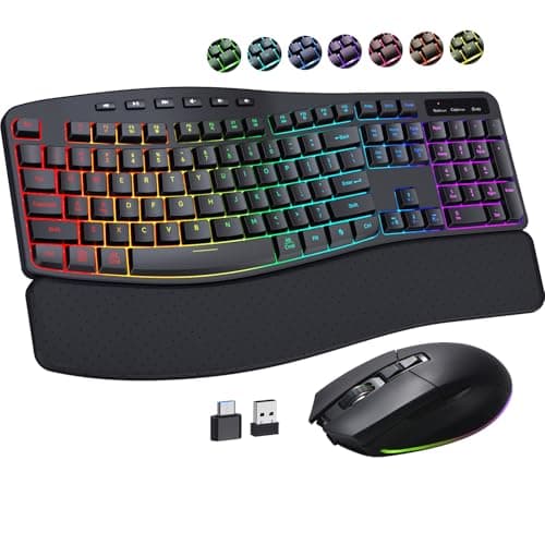 COLIKES Ergonomic Wireless Keyboard and Mouse Silent, Rechargeable Wave Keyboard with 15 Lighting RGB Backlit Effects, Soft Leather Wrist Rest, 3200 DPI Mouse for PC Computer Laptop Windows Mac - Image 1