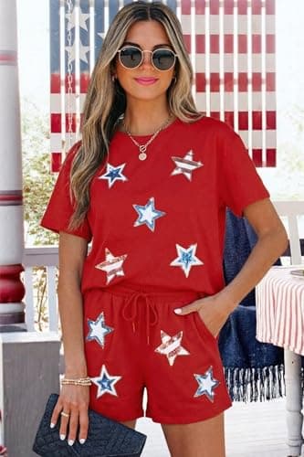 MYHALF 4th of July Sets for Women Sequin Star Graphic Shirt and Shorts Patriotic Outfits 2 Piece Short Sleeve Lounge Set - Thumbnail 4
