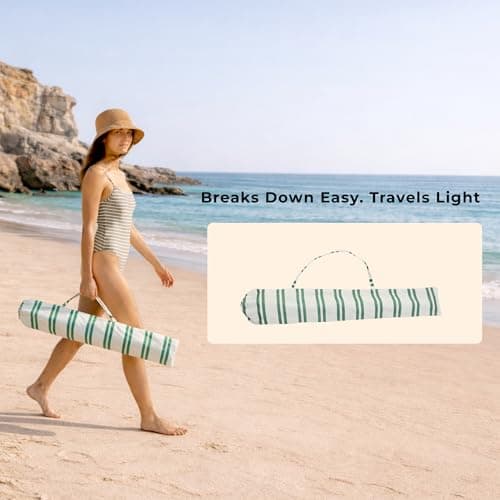 DEER LAND 6FT Stripe Fringe Beach Umbrella for Sand with Sand Anchor, UPF 50+ Sun Shade with Tassels, Adjustable Tilt Pole, Portable Coastal Umbrella for Beach & Pool, Heritage Ocean Cypress Stripe - Thumbnail 4