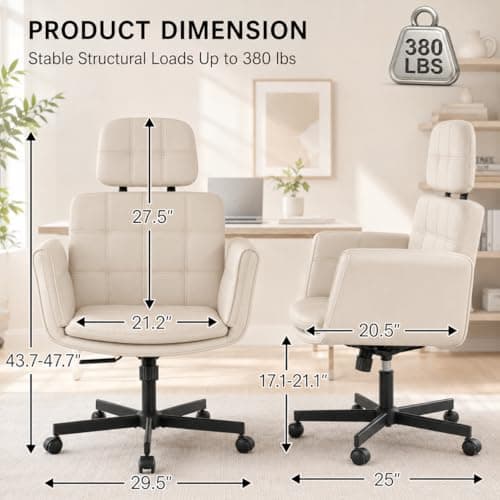 XYPFURN Criss Cross Chair with Wheels & Adjustable Armrests, High Back Faux Leather Executive Desk Chair for Home Office, Comfy Cross Legged Wide Computer Task Chair, Ivory - Thumbnail 3