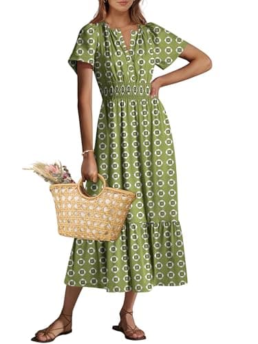 ANRABESS Women's Summer Short Sleeve Maxi Dress 2026 Casual V Neck High Waist A-Line Flowy Loose Tiered Boho Long Dresses Green Geometry Small - Image 1