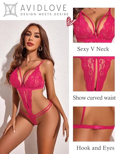 Avidlove Lingerie for Women Bodysuit Fishnet Babydoll Underwear (Rose Red, Medium) - Thumbnail 2