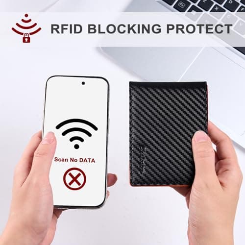 Chelmon Slim Wallet for Men ID Window with RFID Blocking Front Pocket Minimalist Bifold Bussiness Card Holder Gift for Men, Carbon Black & Orange - Thumbnail 4