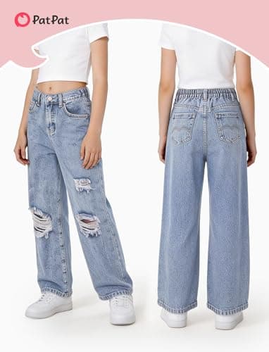 PATPAT Baggy Girls Jeans Wide Leg Denim Pants Ripped High Waist Elastic Y2K Trendy Jeans for Teens with Pockets Light Blue 13-14Y - Thumbnail 2