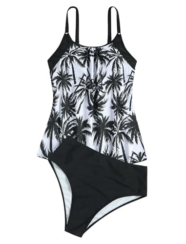 ZAFUL Two Piece Tankini Swimsuit for Women High Waisted Tummy Control Bathing Suit Double Up Tankini Set Palm Tree M - Thumbnail 3