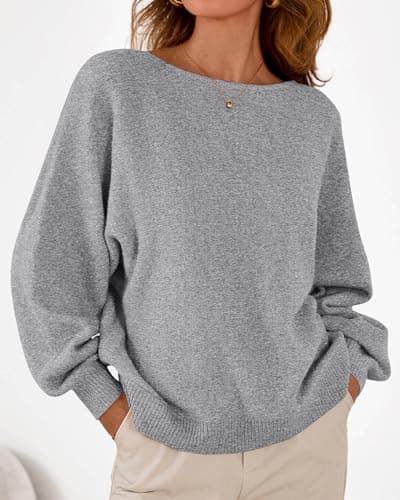KIRUNDO Oversized Sweaters for Women Cozy Fall Fashion Boat Neck Batwing Sleeve Knit Pullover Sweater Tops Winter Clothes(Grey, Large) - Thumbnail 6
