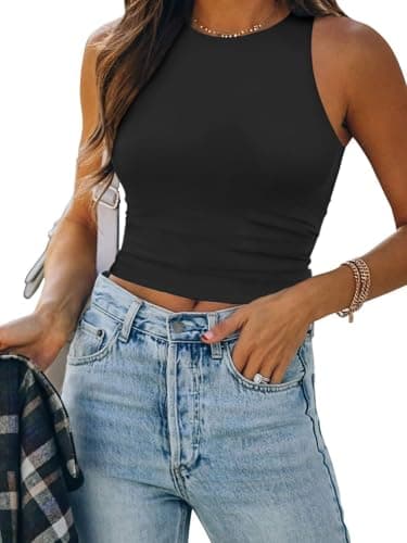 ATHMILE Black Tank Top Woman Double Lined Crop Tops Casual Basic Shirts Sleeveless Trendy Tops Going Out Tops - Image 1