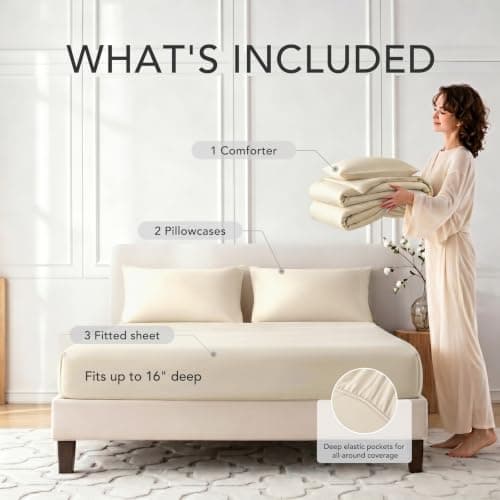 Quataly Cooling Comforter Set Queen- Beige Reversible Cooling Comforter Set with Sheets - Soft Breath Comforter 4pcs Set (Comforter+Fitted Sheets+2Pillowcases) - Thumbnail 3