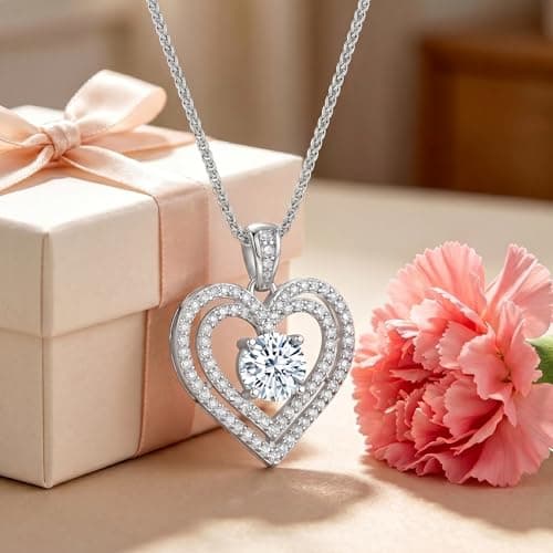 Valentines Day Gift for Wife Moissanite Heart Necklace,18K Gold Plated 925 Sterling Silver Pendant,Waterproof Hypoallergenic Jewelry for Women Anniversary Birthday Christmas Mother's Day (Sliver, Carats, 1) - Thumbnail 4