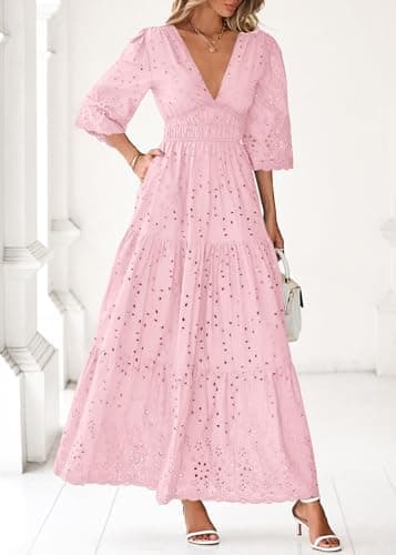 Lazysmile Long Sleeve Dresses for Women V Neck Hollow Out Eyelet Ruffle Swing A-Line Fall Vacation Boho Maxi Dress Pink - Thumbnail 6