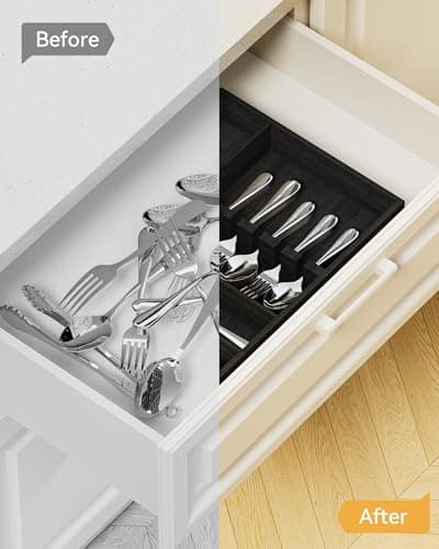 Yofidra ofidra Bamboo Silverware Organizer, 16.3″x12.24″x2.6″ Kitchen Utensil Drawer Organizer, Silverware Tray for Drawer with Fixed Slots for Spoons, Forks & Knives, Black - Thumbnail 6