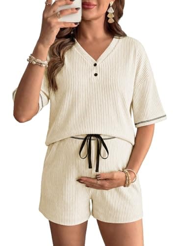 BLENCOT Womens Maternity Nursing Pajamas Set V Neck Short Sleeve Sleepwear Button Down Nightwear Shorts Soft Pj Sets Pregnancy Summer Outfits Apricot XL - Image 1