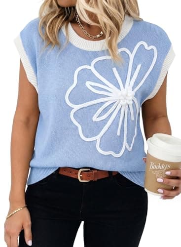 Dokotoo Women's Summer Sweaters Embroidered Floral Crew Neck Sweater Vest Tank Top 2026 Casual Shirts Spring Cap Sleeve Beach Vacation Clothes Loose Knit Pullover Color Blocked Top,Beau Blue Small - Image 1