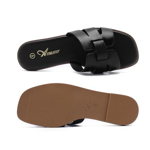 Athlefit Women's Black Flat Sandals Fashion Square Open Toe Dressy Summer Slip On Leather Slide Sandals Size 7.5 - Thumbnail 4