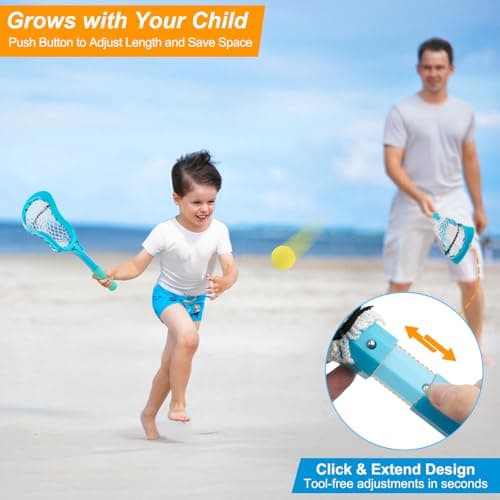 Outdoor Toys Adjustable Kid Lacrosse Stick Set Ball - Toddler Outside Beach Pool Yard Game & Toy for Ages 3+ 4 5 6 7 8 Year Old Boy & Girl Gift for Kids, with Lightweight Easy-Catch & Full Size Basket - Thumbnail 2