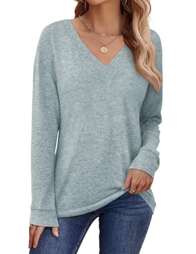 JUSTFASHIONNOW Winter Clothing for Women Long Sleeve V Neck Tops Dressy Casual Business Blouses Teacher Work Shirts 2025 Fashion Outfits (Light Blue,Large) - Thumbnail 4