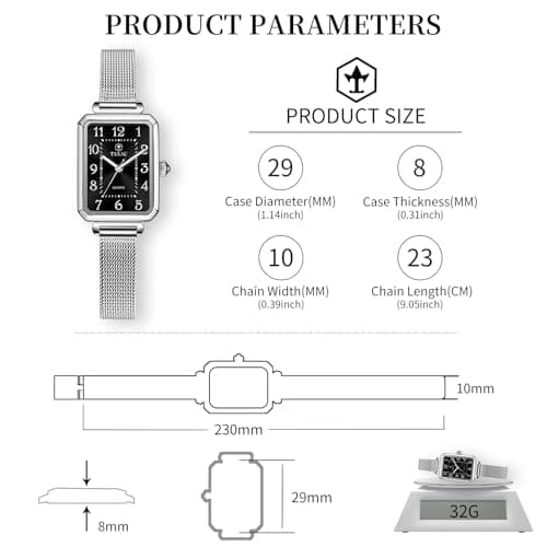 Taxau Watches for Women Dress Large Wrist Womens Waterproof Watch Analog Quartz Black Face Watch for Women with Date Square Mesh Band Ladies Watches - Thumbnail 4