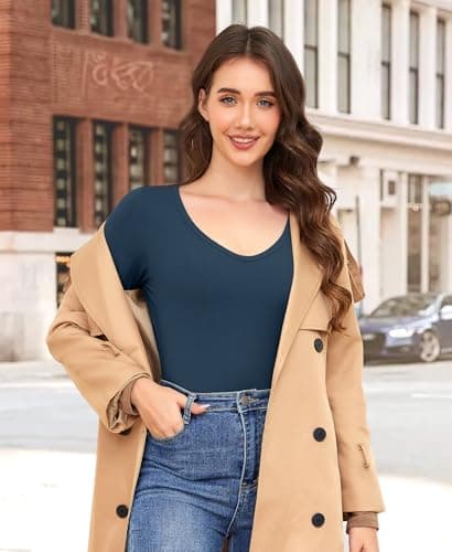 Ganado Long Sleeve Shirts for Women V Neck Thermal Shirt Layering Undershirts Plain Fitted Basic Tops (Dark Blue, XX-Large) - Thumbnail 4