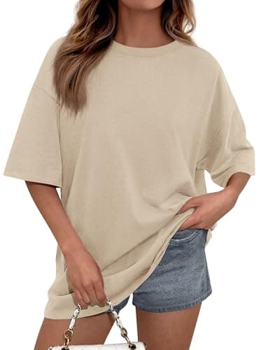 PRETTYGARDEN Womens 2026 Spring Going Out Tops Casual Short Sleeve Crewneck Loose Fit Basic Oversized T Shirts Summer Outfits (Apricot,Large) - Image 1