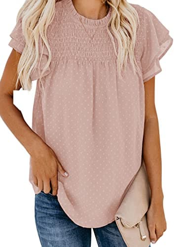 Dokotoo Women's Ladies Fashion Sexy Lace Crewneck Ruffle Short Sleeve Smocked Shirts for Women Casual Loose Cute Swiss Dot Pom Pom Chiffon Blouses Tops Pink 2XL - Image 1