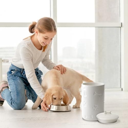 NIXBYO Dog Treat Container Airtight - 9"x5" Large Ceramic Dog Treat Jar for Kitchen Counter, White Dog Cookie Jar with Lid - Farmhouse Style Dog Food Storage Container for Dogs, Cats, Pets - Thumbnail 5