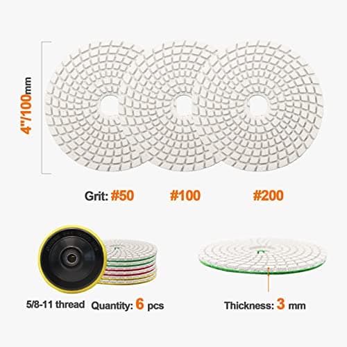 BRSCHNITT Wet Diamond Polishing Pad ,6pcs 4 inch (2 x #50,#100,#200),for Granite Stone Marble Sanding used on Grinder or Polisher, with Hook & Loop 5/8-11 Plastic Backing Holder Pads - Thumbnail 2